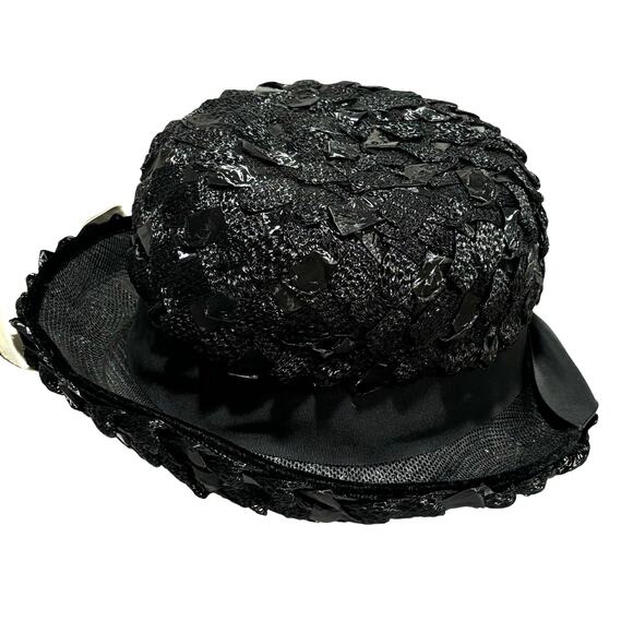 Ladies black straw fedora hat woven white hatband trim bow dressy mid century - Picture 5 of 8